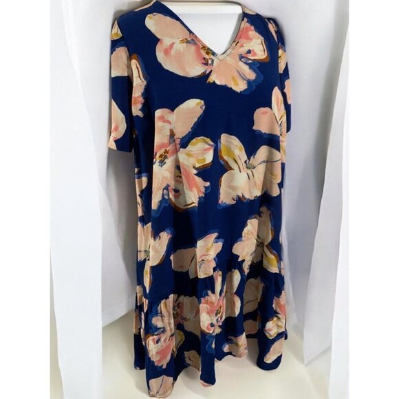 A New Day Womens Floral Print VNeck Short Sleeve Drop Waist Dress Small Blue - Picture 4 of 9